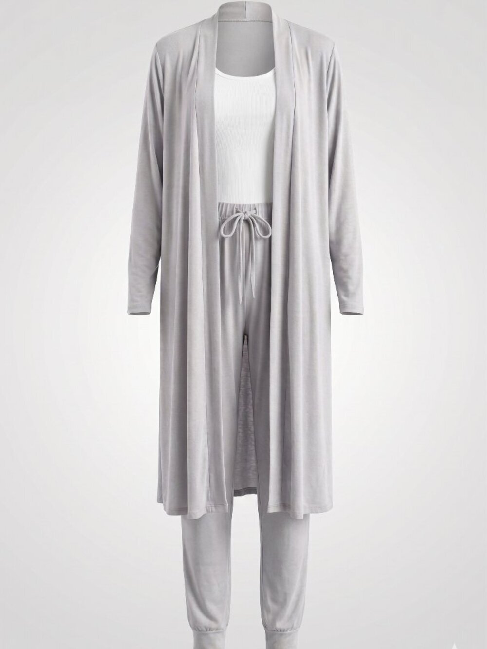 Light Grey Long Duster Cardigan & Jogger Lounge Set – 2-Piece Women